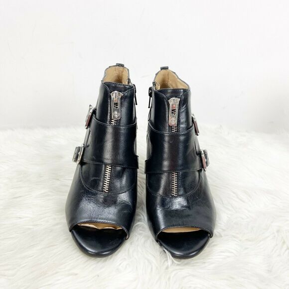 Antonio Melani 7 M Womens Black Leather Double Buckle Peep Toe Ankle Booties - Picture 6 of 10